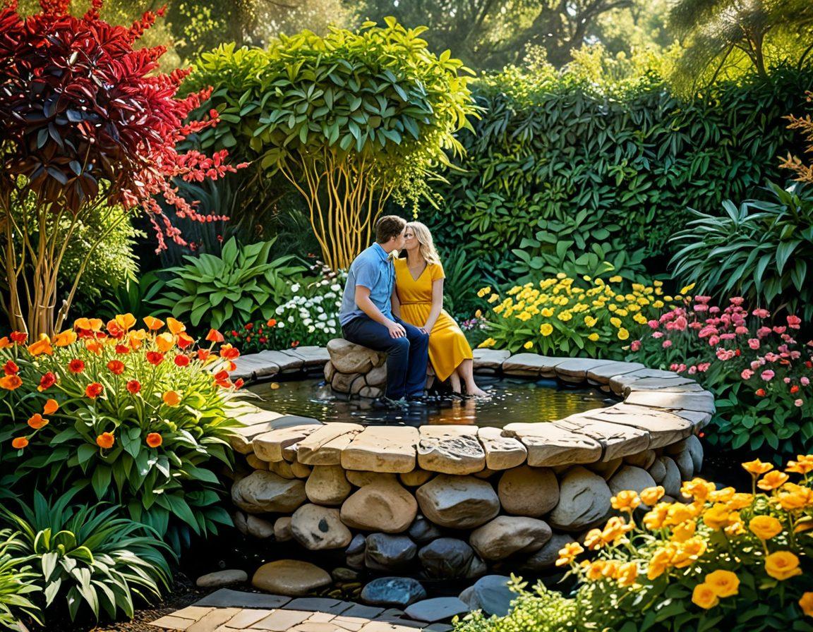 A warm scene of two people happily engaging in a deep conversation in a lush garden, surrounded by colorful flowers symbolizing love and connection. Soft lighting enhances the intimacy of the moment, with subtle hints of heart shapes in the foliage. Include elements symbolizing sexual wellbeing, like a serene water feature. The background should be inviting and vibrant, evoking a sense of harmony and warmth. super-realistic. vibrant colors. organic shapes.
