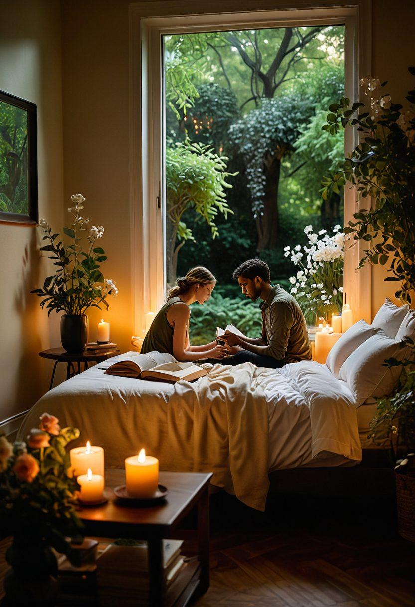 A serene bedroom setting bathed in soft, warm light, featuring two intertwined figures silhouetted against a backdrop of lush greenery and delicate flowers symbolizing connection and intimacy. Include subtle elements like open books on relationships and a flickering candle to evoke a sense of warmth and passion. The atmosphere should radiate love and comfort. soft focus. vibrant colors. romantic ambiance.